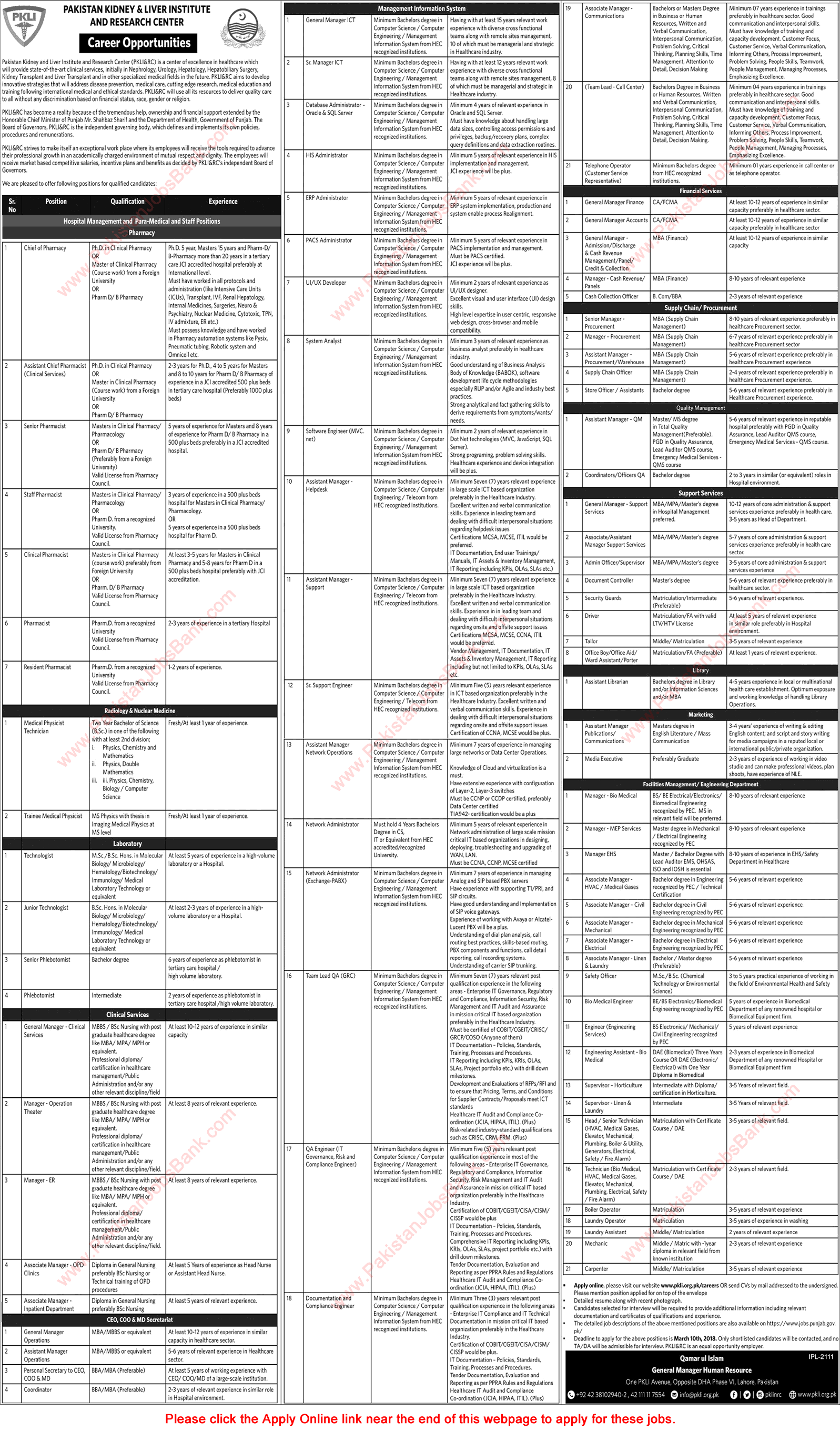 Pakistan Kidney and Liver Institute Jobs 2018 February PKLI Apply Online Latest Advertisement