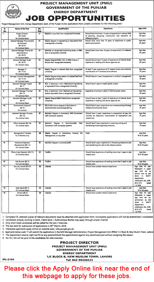 Energy Department Punjab Jobs 2018 February Apply Online Management Trainees & Others Latest