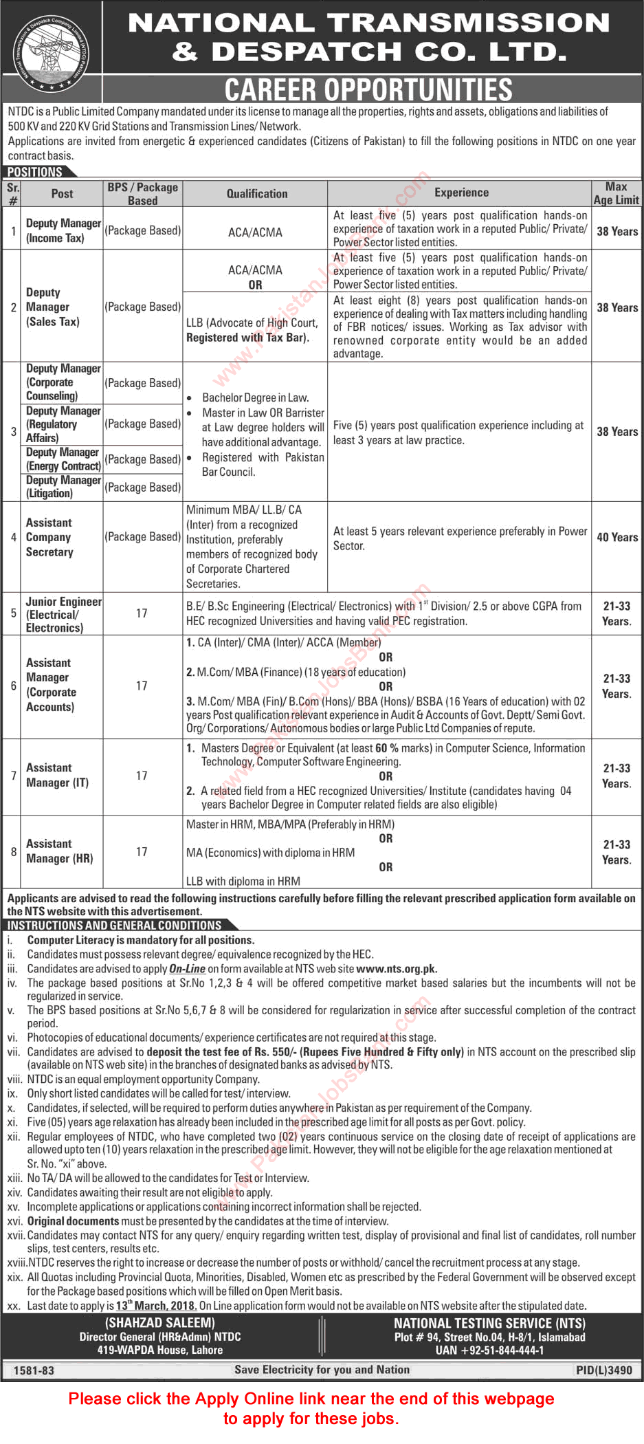 NTDC Jobs 2018 February WAPDA NTS Online Application Form Junior Engineers, Assistant Managers & Others Latest