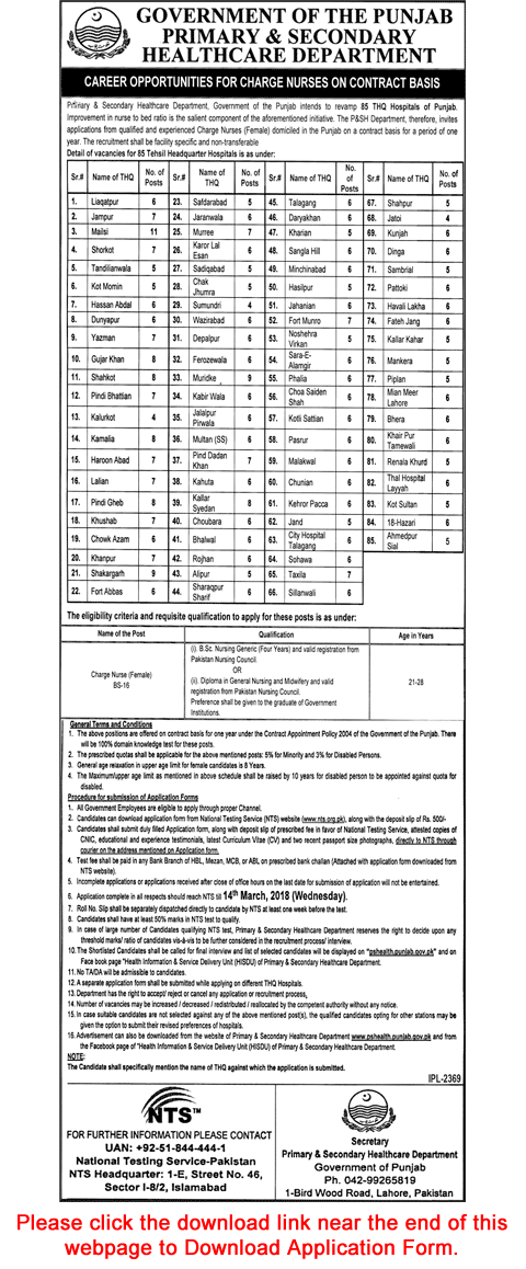 Charge Nurse Jobs in Primary and Secondary Healthcare Department Punjab February 2018 NTS Application Form Latest