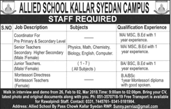 Allied School Kallar Syedan Campus Rawalpindi Jobs 2018 February Teachers & Coordinators Walk in Interview Latest
