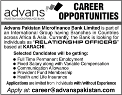 Relationship Officer Jobs in Advans Pakistan Microfinance Bank Karachi 2018 February Latest