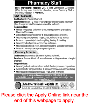 Shifa International Hospital Islamabad Jobs February 2018 Apply Online Pharmacists & Pharmacy Technician Latest