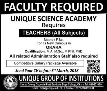 Unique Science Academy Okara Jobs 2018 February Teachers & Admin Staff Latest