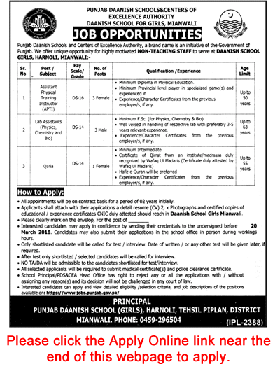 Danish School Harnoli Mianwali Jobs February 2018 Apply Online Lab Assistants, PTI & Qaria Latest