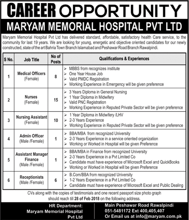 Maryam Memorial Hospital Rawalpindi Jobs 2018 February Nurses, Medical Officers & Others Latest