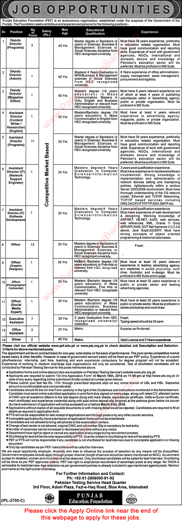 Punjab Education Foundation Jobs March 2018 PTS Online Application Form Officers, Assistant Directors & Others Latest