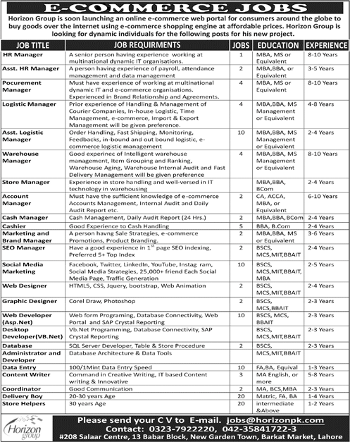 Horizon Group Pakistan Jobs 2018 March Web Developers, DEO, Store Helpers & Others Latest