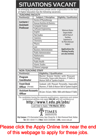 Times Institute Multan Jobs 2018 March Apply Online Teaching Faculty & Others Latest