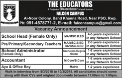 The Educators School Rawalpindi Jobs March 2018 for Teachers Walk in Interview Falcon Campus Latest