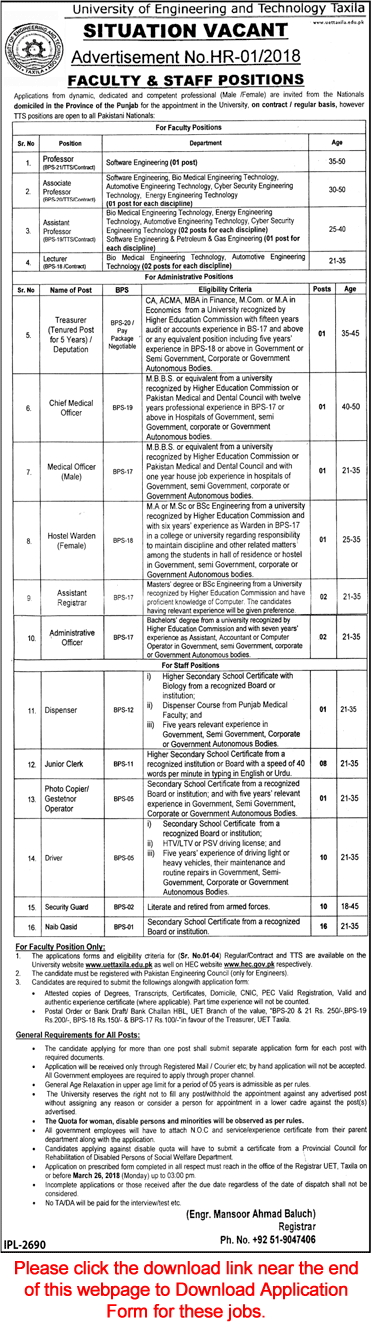 UET Taxila Jobs 2018 March Application Form Teaching Faculty, Clerks, Naib Qasid & Others Latest