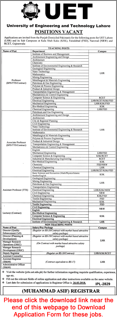 UET Lahore Jobs March 2018 Application Form Teaching Faculty & Others University of Engineering & Technology Latest