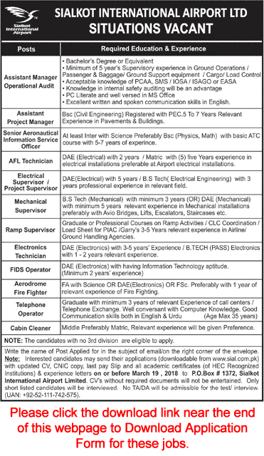 Sialkot International Airport Jobs March 2018 Application Form Electrical / Mechanical Supervisors & Others Latest