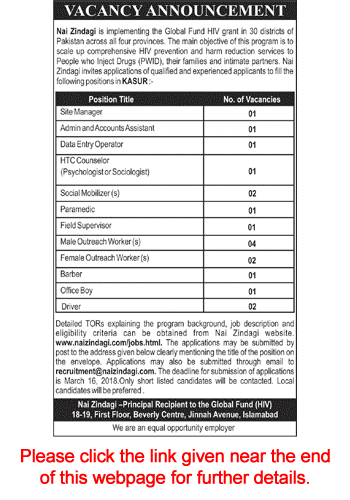 Nai Zindagi Jobs 2018 March Kasur Outreach Workers, Social Mobilizers, Drivers & Others NGO Latest