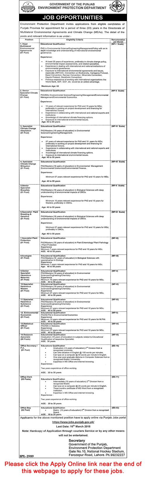 Environment Protection Department Punjab Jobs 2018 March Apply Online Research Associates, Clerks & Others Latest