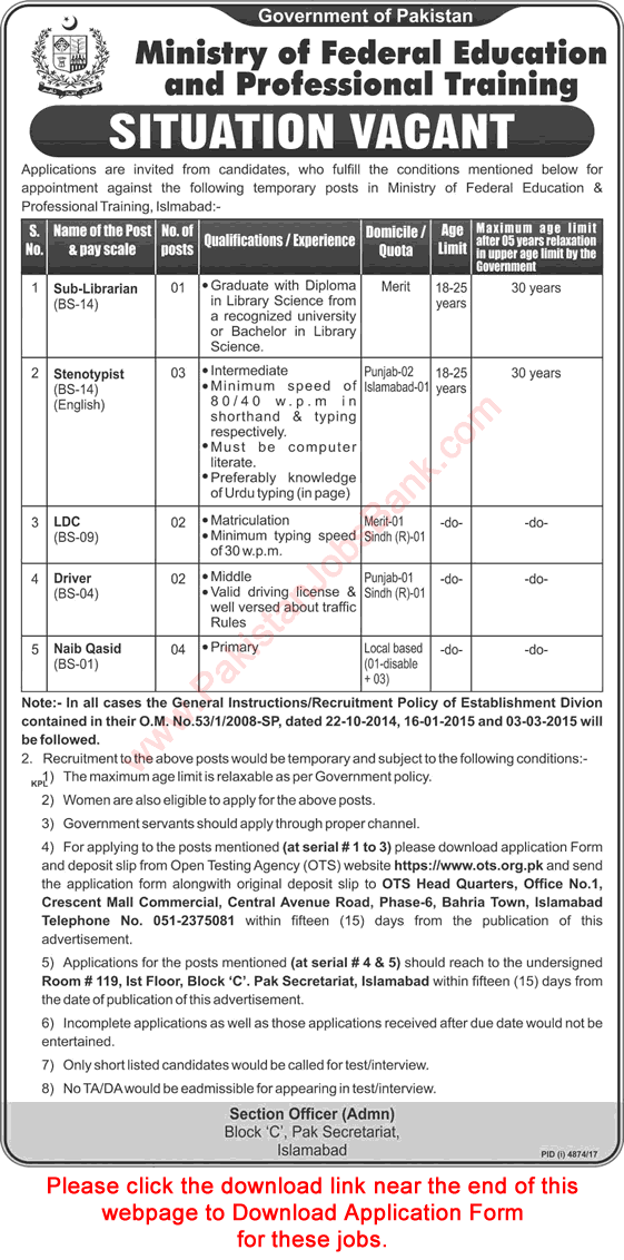 Ministry of Federal Education and Professional Training Islamabad Jobs 2018 March OTS Application Form Latest