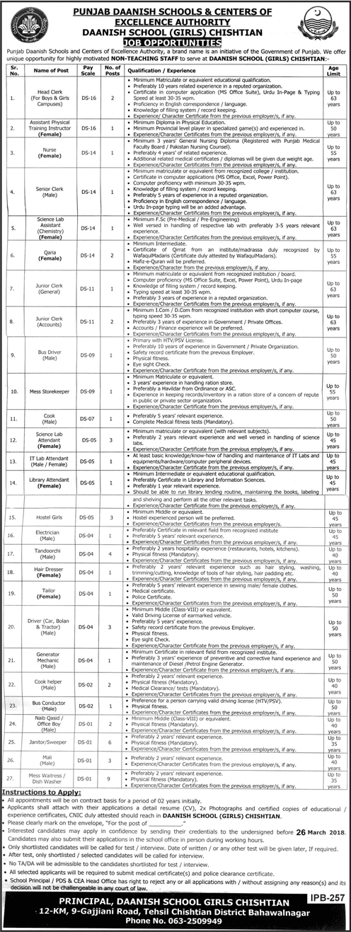 Danish School Chishtian Jobs March 2018 Lab Attendants, Waiters, Drivers, Sweepers & Others Latest