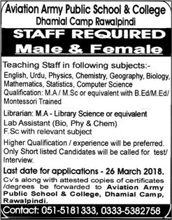 Aviation Army Public School and College Rawalpindi Jobs 2018 March Teachers & Others Latest