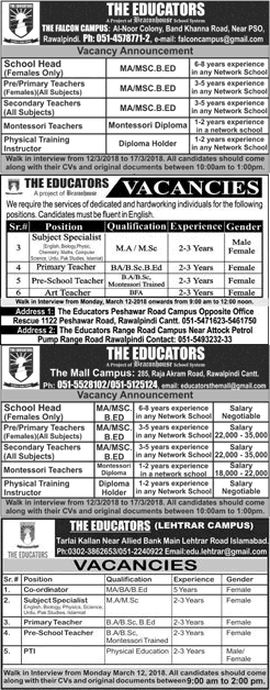 The Educators Schools Rawalpindi / Islamabad Jobs March 2018 Teachers & Others Latest