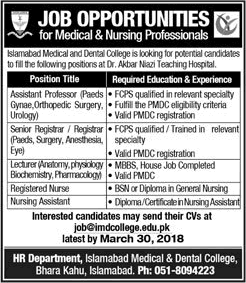 Islamabad Medical and Dental College Jobs March 2018 Teaching Faculty & Others Dr Akbar Niazi Teaching Hospital Latest
