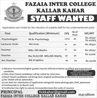 Fazaia Inter College Kallar Kahar Jobs 2018 March Teaching Faculty & Psychologist Latest