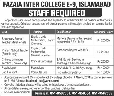 Fazaia Inter College Islamabad Jobs 2018 March Teachers, Lab Assistant & Psychologist Latest