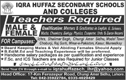 Teaching Jobs in Lahore March 2018 at Iqra Huffaz Secondary Schools and Colleges Latest