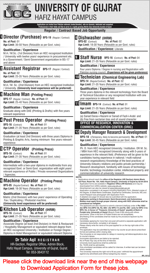 University of Gujrat Jobs March 2018 Application Form Lab Technicians, Staff Nurses & Others Latest