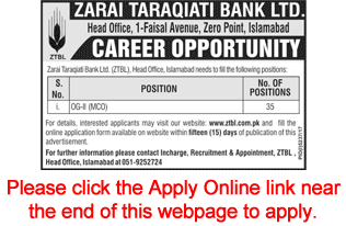 ZTBL Jobs March 2018 Apply Online Mobile Credit Officers OG-II Zarai Taraqiati Bank Limited Latest