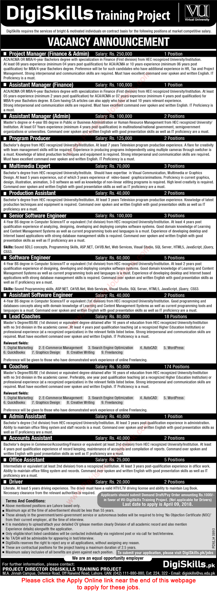 Virtual University Jobs 2018 March Apply Online Coaches & Others DigiSkills Training Project Latest