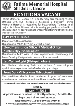 Fatima Memorial Hospital Lahore Jobs 2018 March FCPS Trainees, Medical Officer & Others Latest