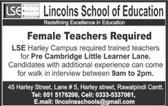 Female Teacher Jobs in Rawalpindi March 2018 at Lincolns School of Education Walk in Interview Latest