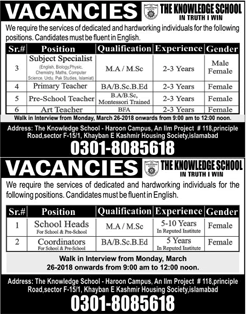The Knowledge Schools Islamabad Jobs 2018 March Teachers & Others Walk in Interview Latest
