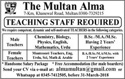 Teaching Jobs in Multan March 2018 at The Multan Alma School Latest