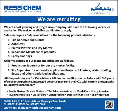 Ressichem Karachi Jobs 2018 March Sales Managers / Executives, Production & Site Supervisor Latest