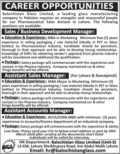 Balochistan Glass Limited Lahore Jobs 2018 March Accounts & Sales / Business Development Managers Latest