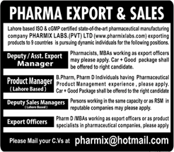 Pharmix Labs Pvt Ltd Lahore Jobs 2018 March Sales Managers, Export Officers & Others Latest