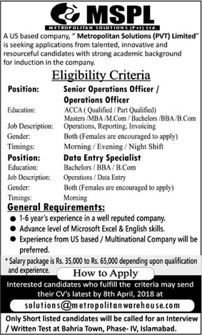 Metropolitan Solutions Pvt Ltd Islamabad Jobs 2018 March Operations Officers & Data Entry Specialists Latest