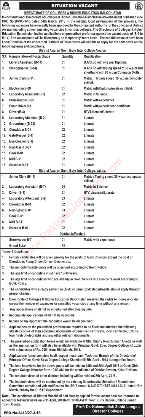 Education Department Balochistan Jobs March 2018 Lab Assistants / Attendants, Naib Qasid & Others Latest