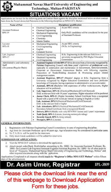 Muhammad Nawaz Sharif University of Engineering & Technology Multan Jobs 2018 March / April Application Form Latest
