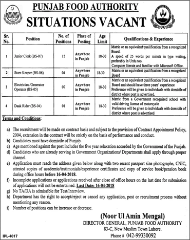 Punjab Food Authority Jobs April 2018 Clerks, Electricians, Store Keepers & Daak Rider Latest