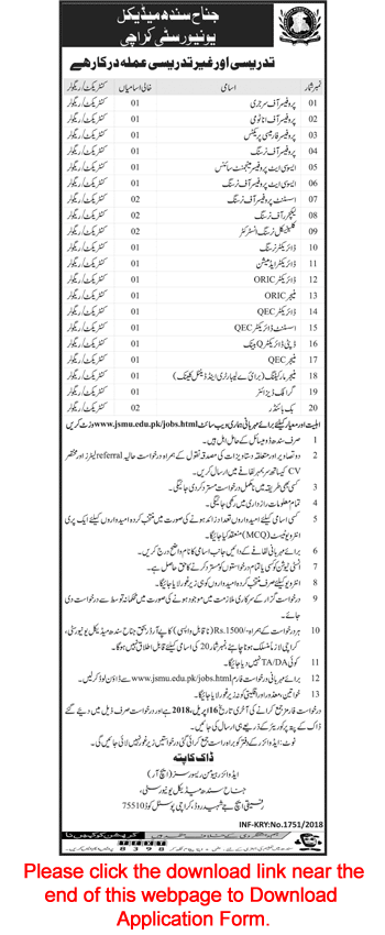 Jinnah Sindh Medical University Karachi Jobs April 2018 Application Form Teaching Faculty & Others Latest