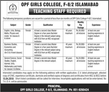 OPF Girls College Islamabad Jobs 2018 April Female Teachers Overseas Pakistanis Foundation Latest