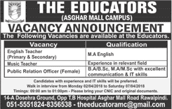 The Educators School Rawalpindi Jobs April 2018 Teachers & Public Relation Officer Asghar Mall Campus Latest