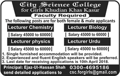 Lecturer Jobs in City School College for Girls Kasur 2018 April Khundian Khas Latest