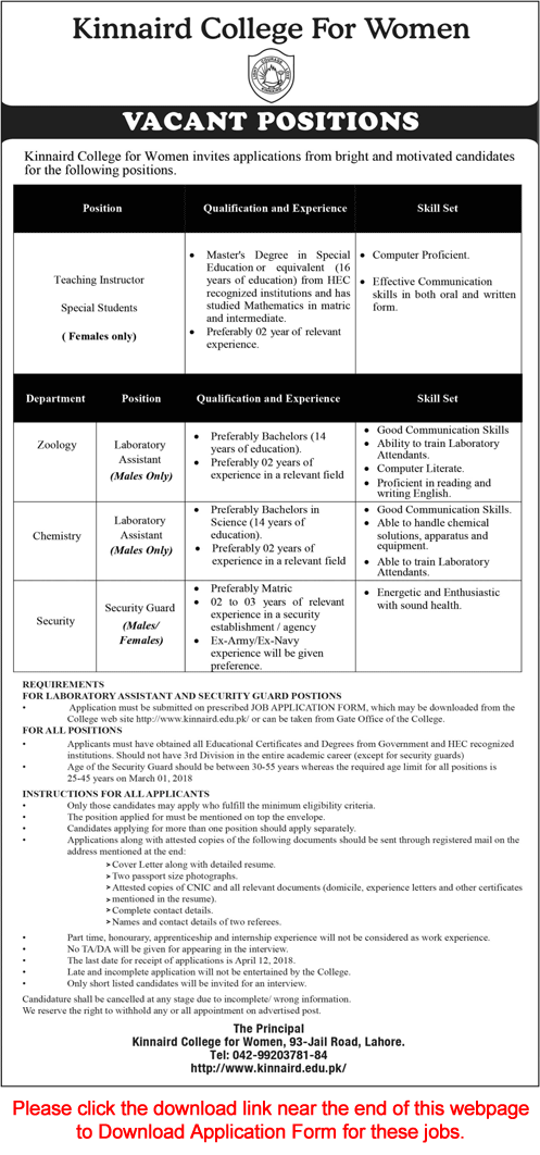 Kinnaird College of Women Lahore Jobs April 2018 Application Form Teaching Instructors, Lab Assistant & Security Guard Latest