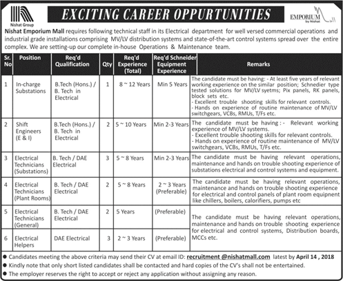 Nishat Emporium Mall Lahore Jobs 2018 April Electrical Technicians / Helpers & Others Latest