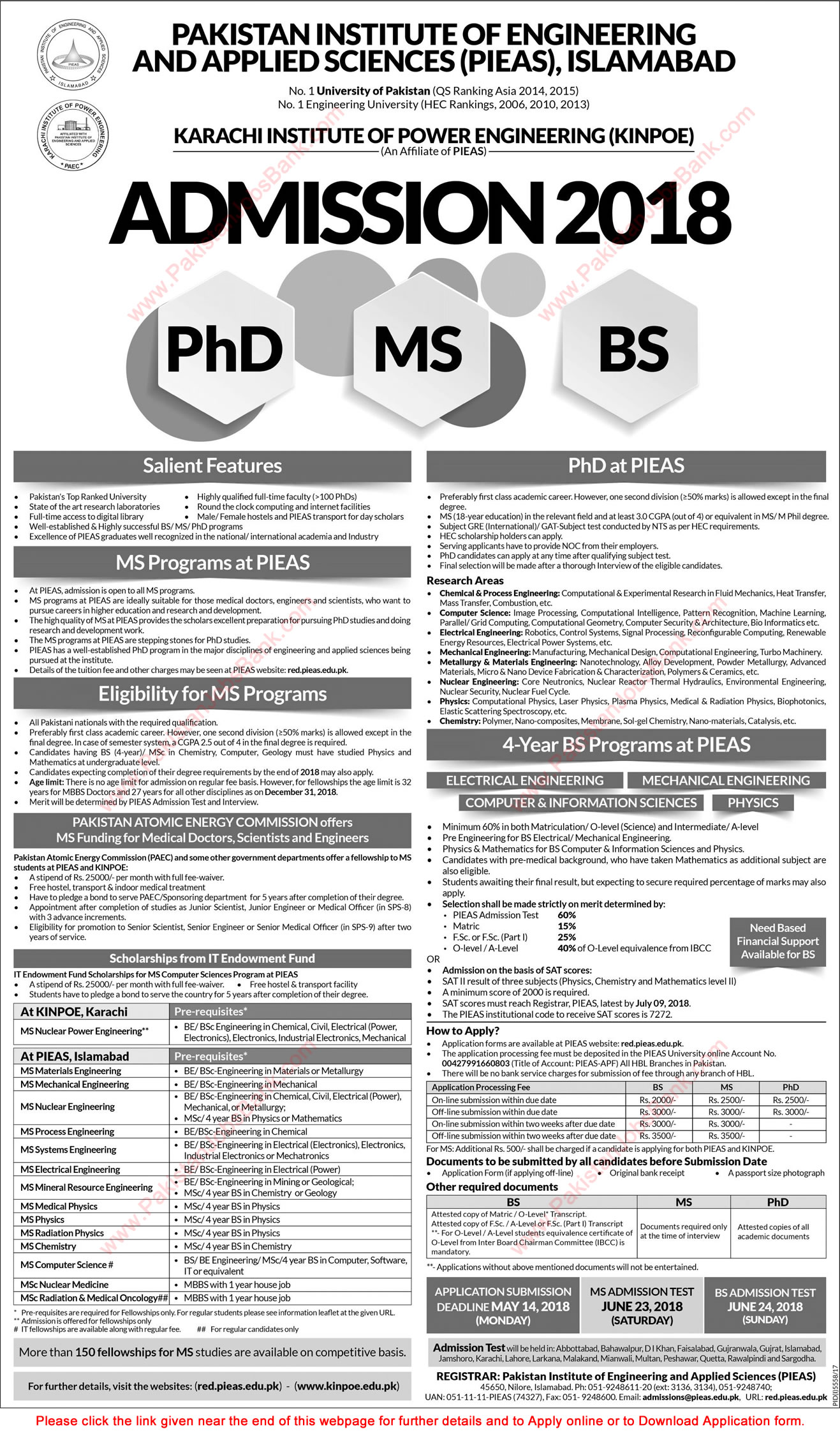 PAEC Fellowships 2018 Postgraduate / MS Programs at PIEAS & KINPOE Online Application Form Latest Advertisement