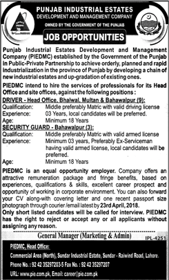 Punjab Industrial Estates Jobs April 2018 Drivers & Security Guards PIEDMC Latest