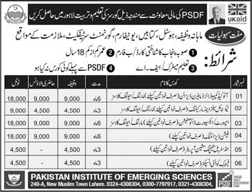 PSDF Free Courses in Lahore April 2018 at Pakistan Institute of Emerging Sciences PIES Latest